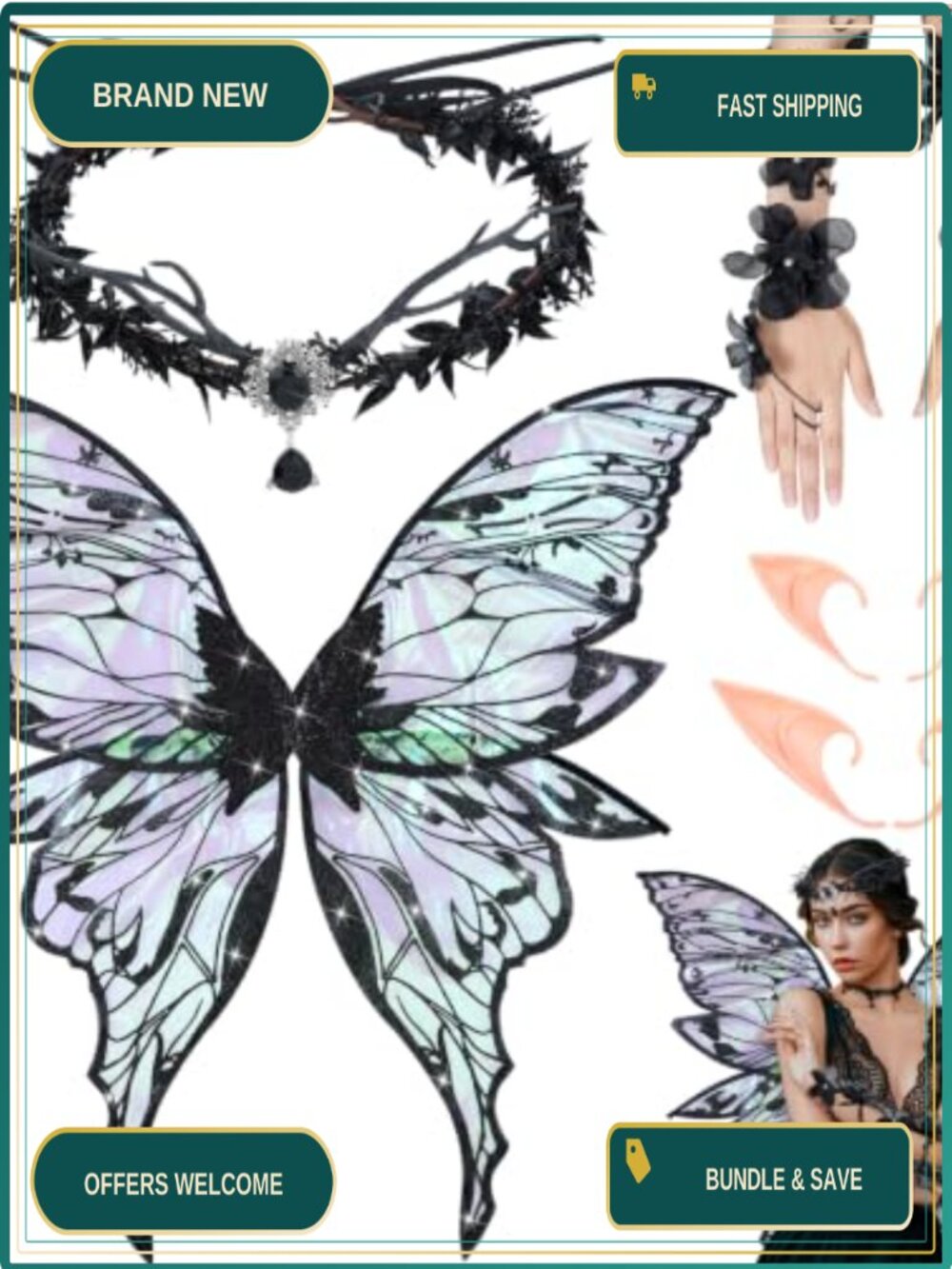 4 Pc Halloween Fairy Wing Costume Set, Adult Women Wing, Ears, Headband